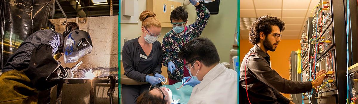 Collage of students: IT Network Student, dental students, welding student